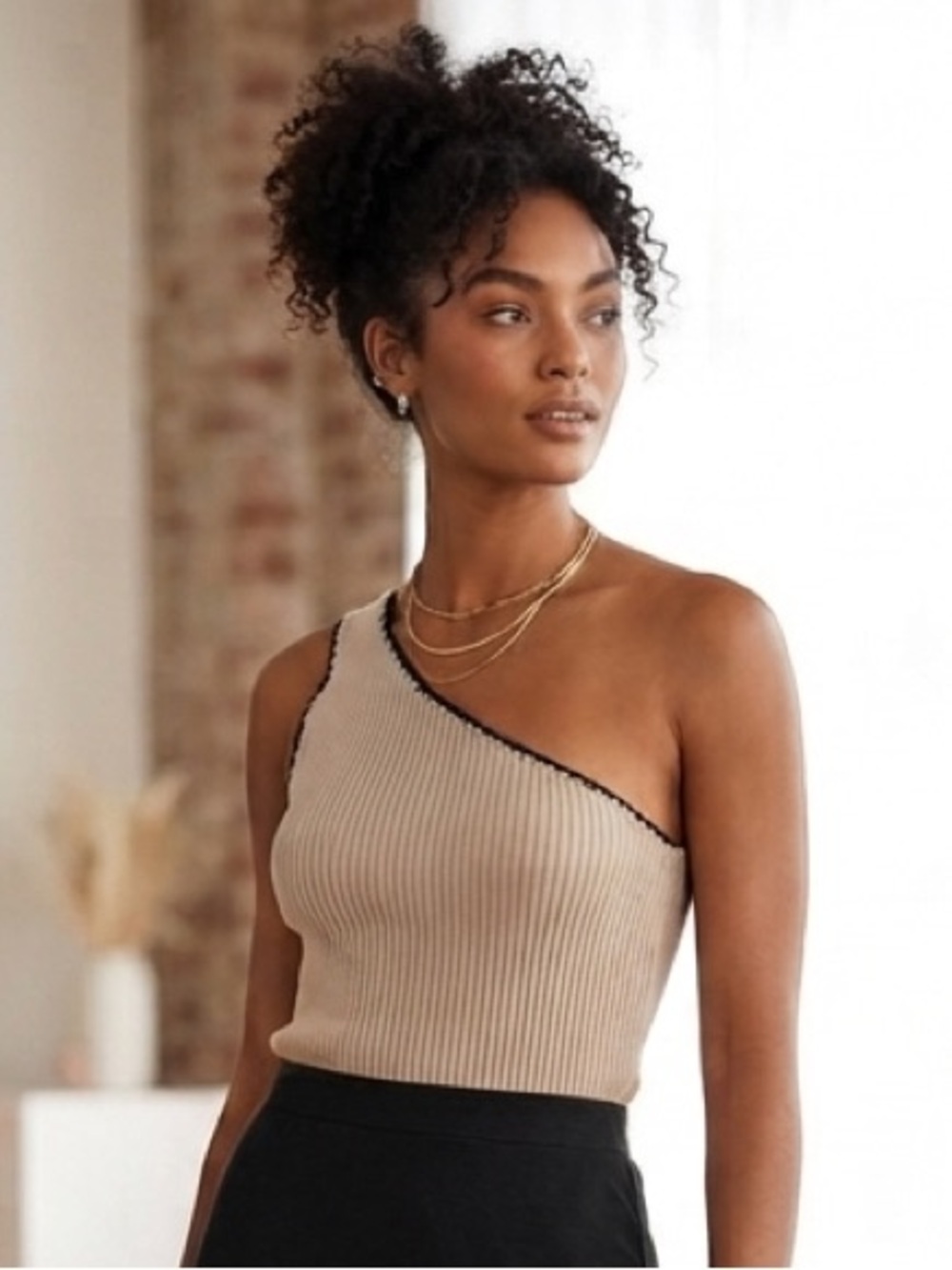 Cotton On One-Shoulder Ribbed Top in Beige